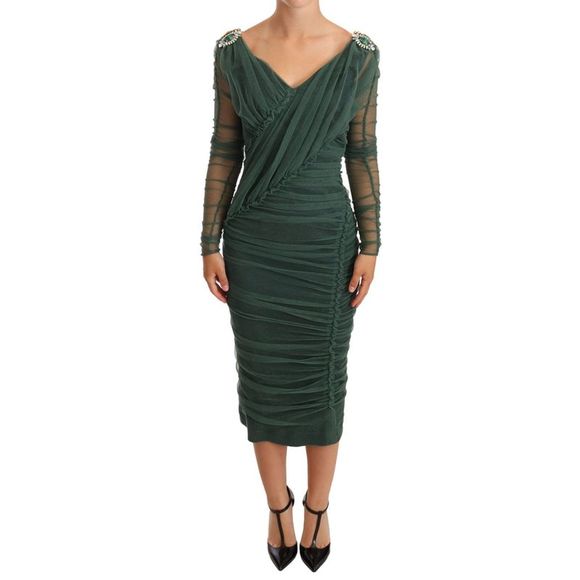 Dolce & Gabbana Blue Mesh Trim Ruched Tulle Sheath Dress
